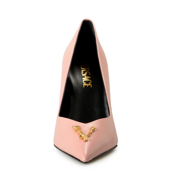 Versace Women's Gold V-Logo Dark Rose 100% Leather Heeled Pumps Shoes US 6 IT 36 - Picture 5 of 8